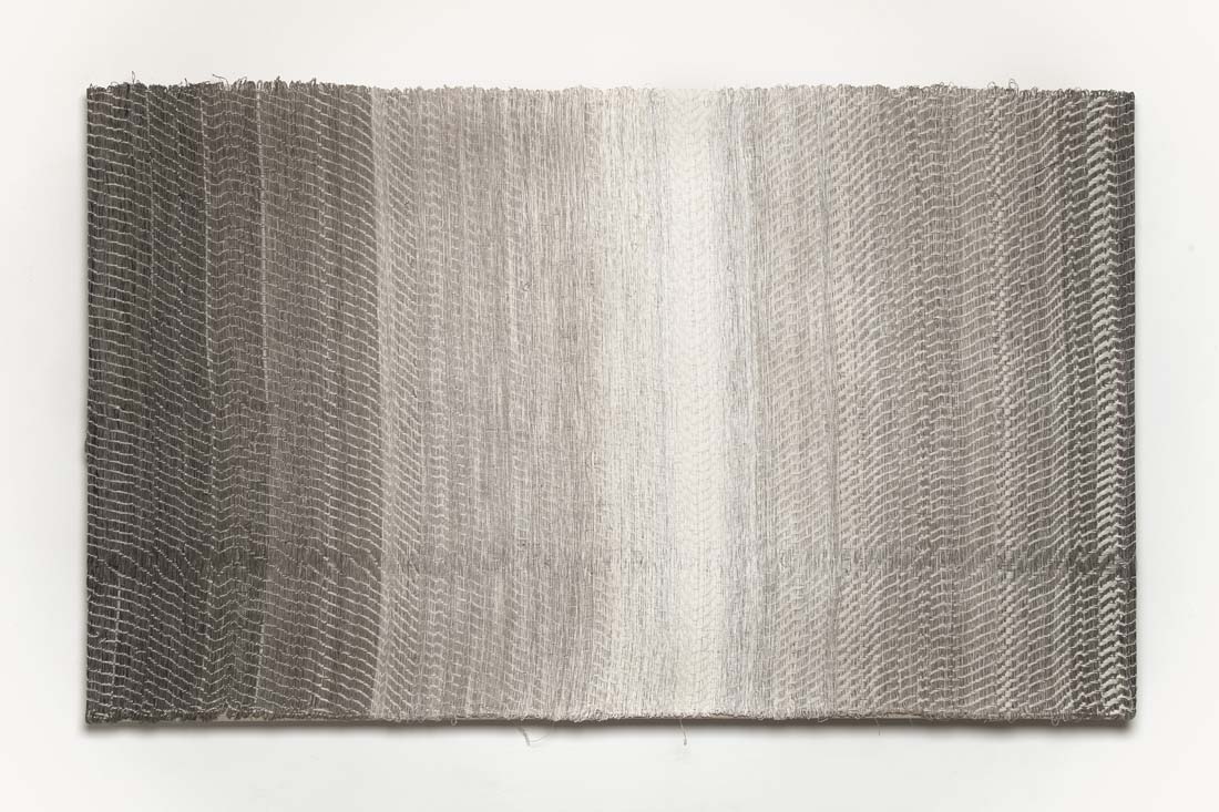 

											Elizabeth Hohimer</b>

											<em>
												Cessation</em> 

											<h4>
												June 26 – August 29, 2020											</h4>

		                																																													<i>Two Mountains, When Lovers lay Down,</i>  
																																								2019, 
																																								hand woven pine paper yarn stained with pinon ash, black mud, and tannic acid stretched over linen, 
																																								36 1/4 x 60 1/4 x 2 inches 
																								
		                				