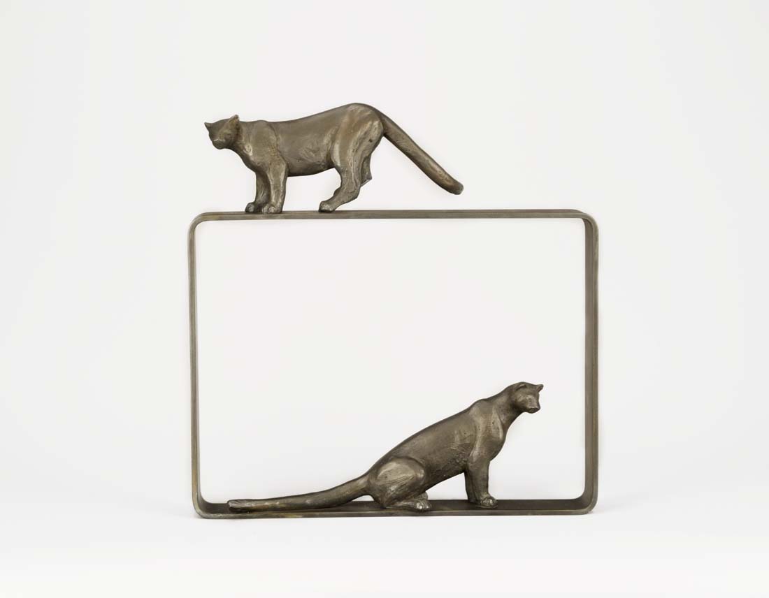 
		                					Gwynn Murrill		                																	
																											<i>Cougars in a Rectangle,</i>  
																																								2008, 
																																								bronze and steel, 
																																								16 1/2 x 16 x 2 1/2 inches 
																								
		                				