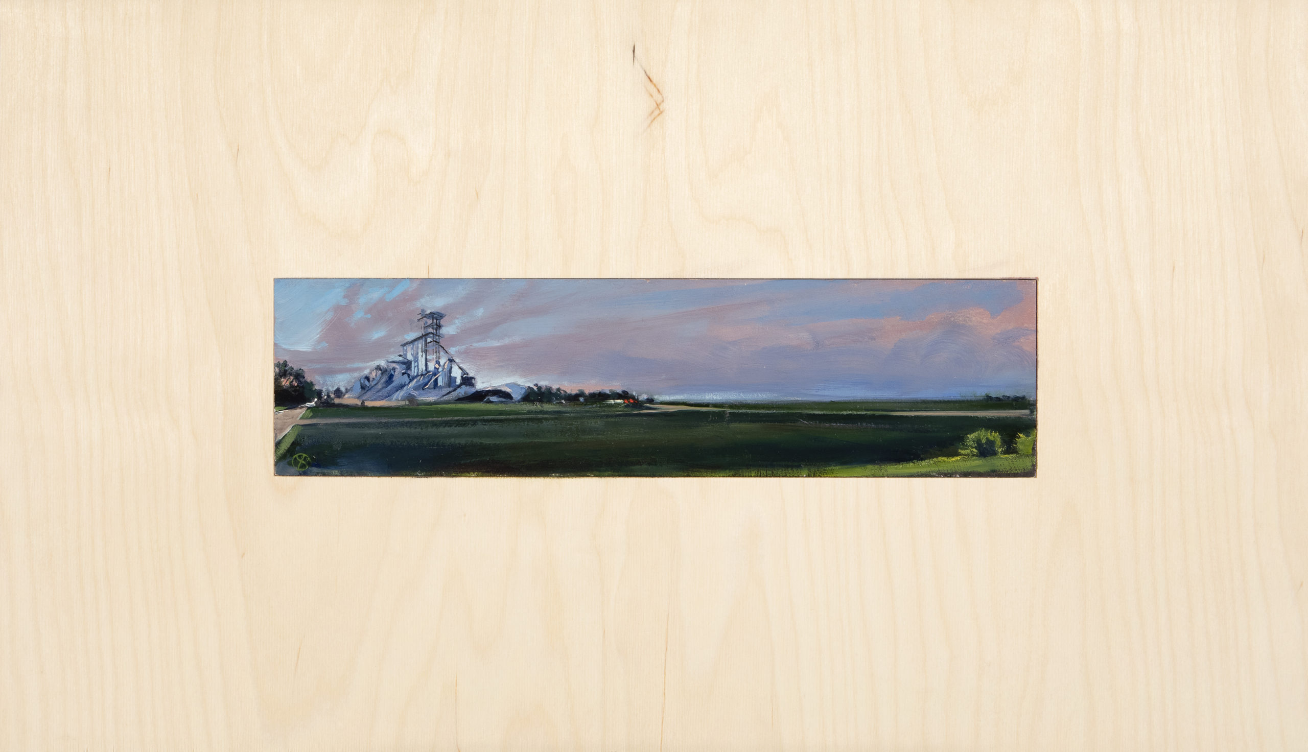 
		                					Don Stinson		                																	
																											<i>Ruined Grain Bins, Luther, Iowa,</i>  
																																								2021, 
																																								Oil on panel, inset in birch panel, 
																																								15 7/8 x 25 7/8 x 7/8 inches 
																								
		                				
