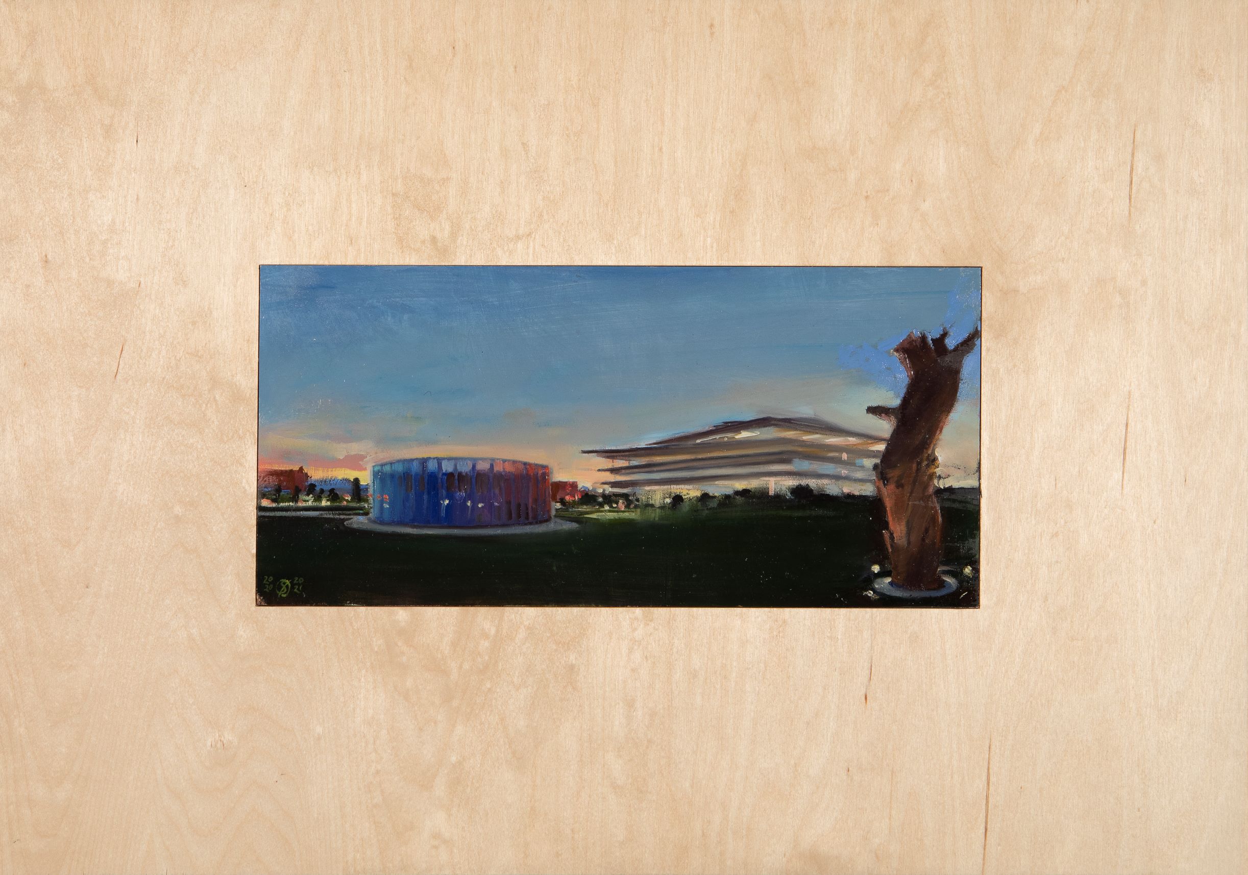
		                					Don Stinson		                																	
																											<i>Olaf Renzo and Ai Wei Wei in Des Moines, Iowa,</i>  
																																								2021, 
																																								Oil on panel, inset in birch panel, 
																																								17 7/8 x 25 3/4 x 7/8 inches 
																								
		                				