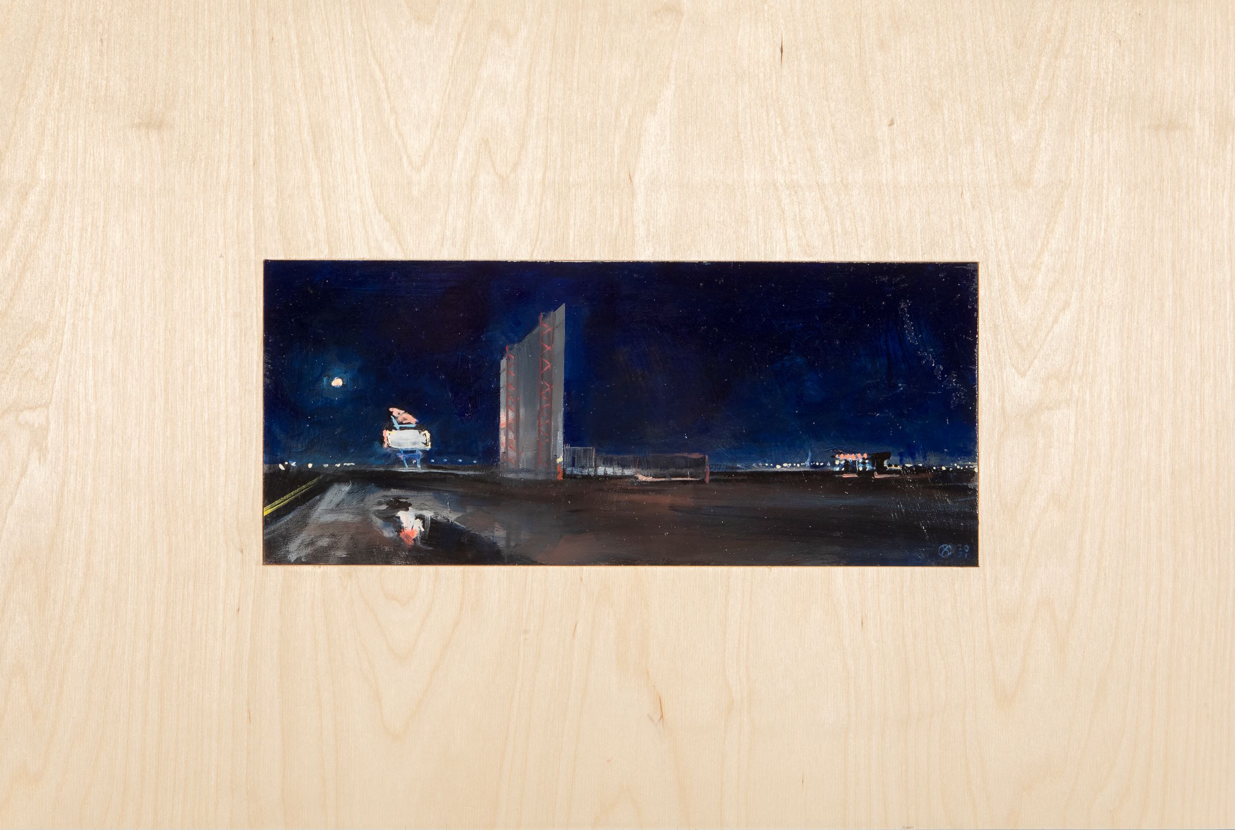 
		                					Don Stinson		                																	
																											<i>Moonlight at the Drive-In, Lubbock, TX,</i>  
																																								2021, 
																																								Oil on panel, inset in birch panel, 
																																								17 3/8 x 25 5/8 x 1 inches 
																								
		                				