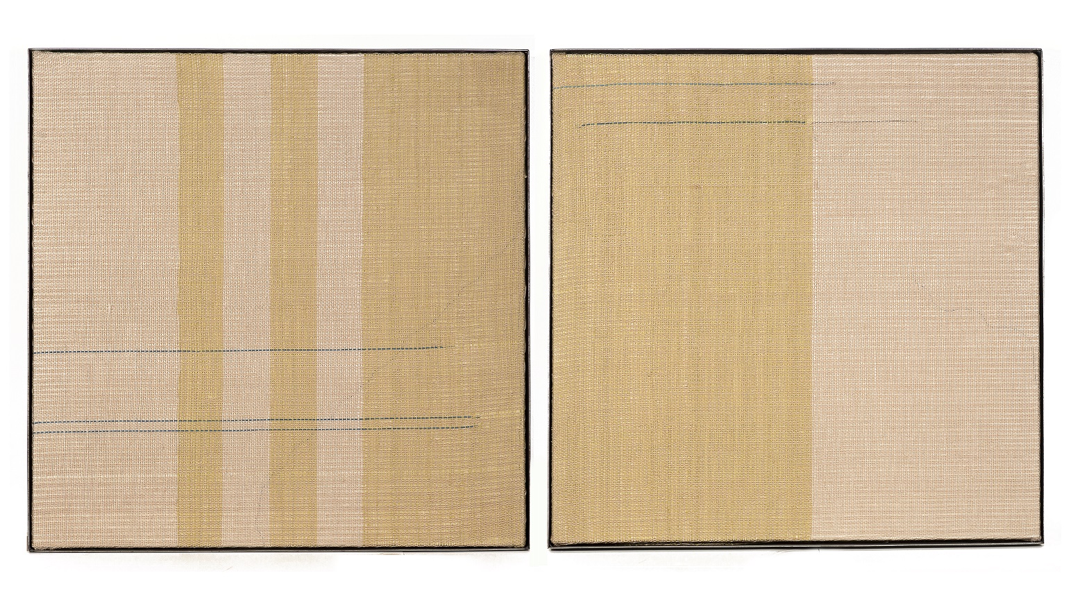
							

									Elizabeth Hohimer									Laying halfway in the shade 2021									dirt-dyed cotton tapestry in steel frame<br />
36 x 36 x 2 1/2 inches each									


							