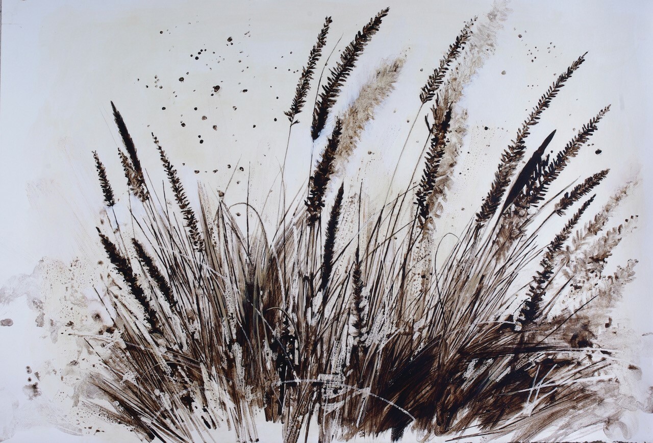 
							

									Karen Kitchel									Plume Grass 2016									asphalt emulsion, shellac and acrylic on paper<br />
30 1/2 x 44 inches									


							