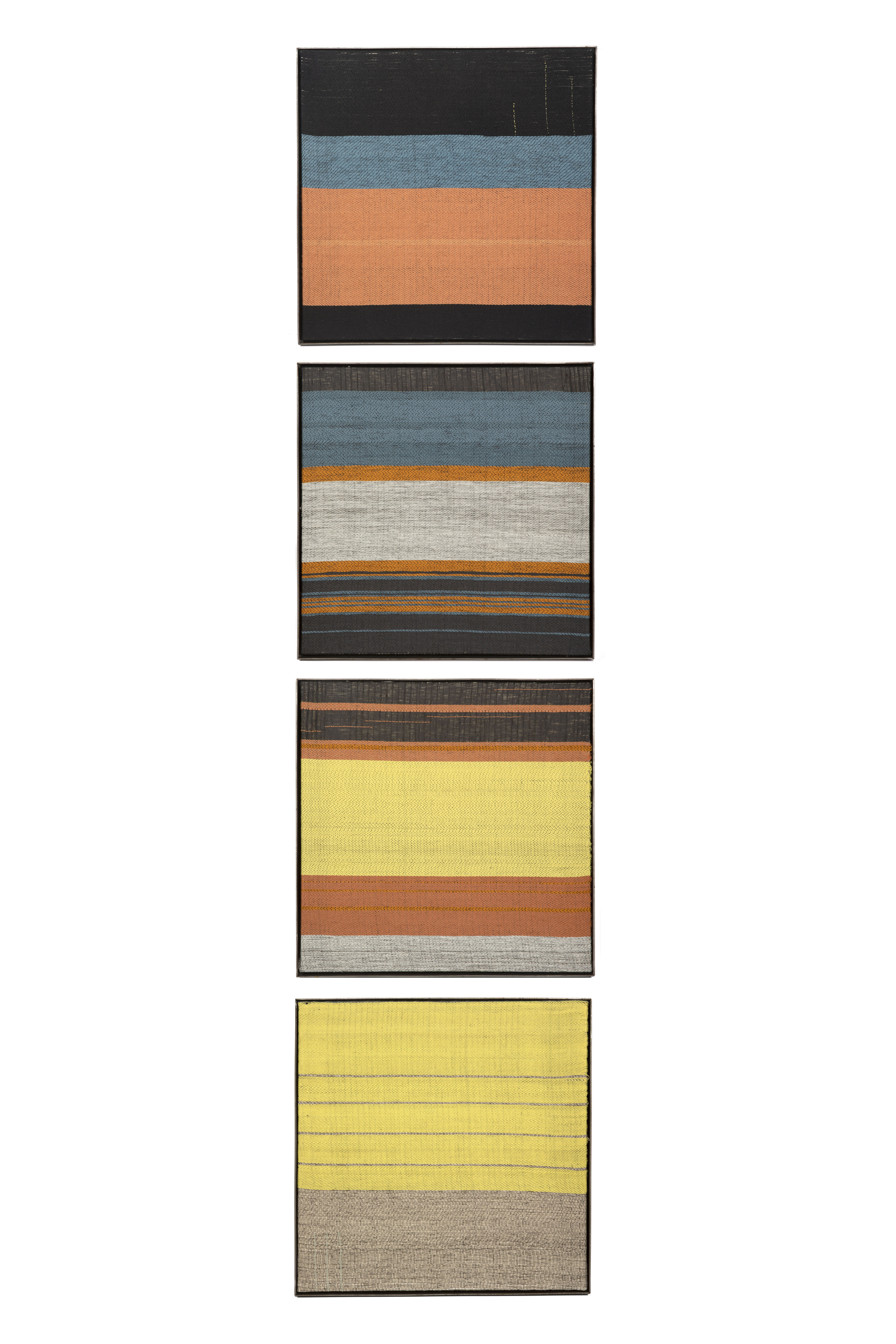 
		                					Elizabeth Hohimer		                																	
																											<i>Shadows at Moonrise (quadriptych),</i>  
																																								2021, 
																																								cotton dyed with collected clay, rayon, indigo, pine paper, silk and ash tapestry set in steel frame, 
																																								24 x 24 x 2 inches 
																								
		                				