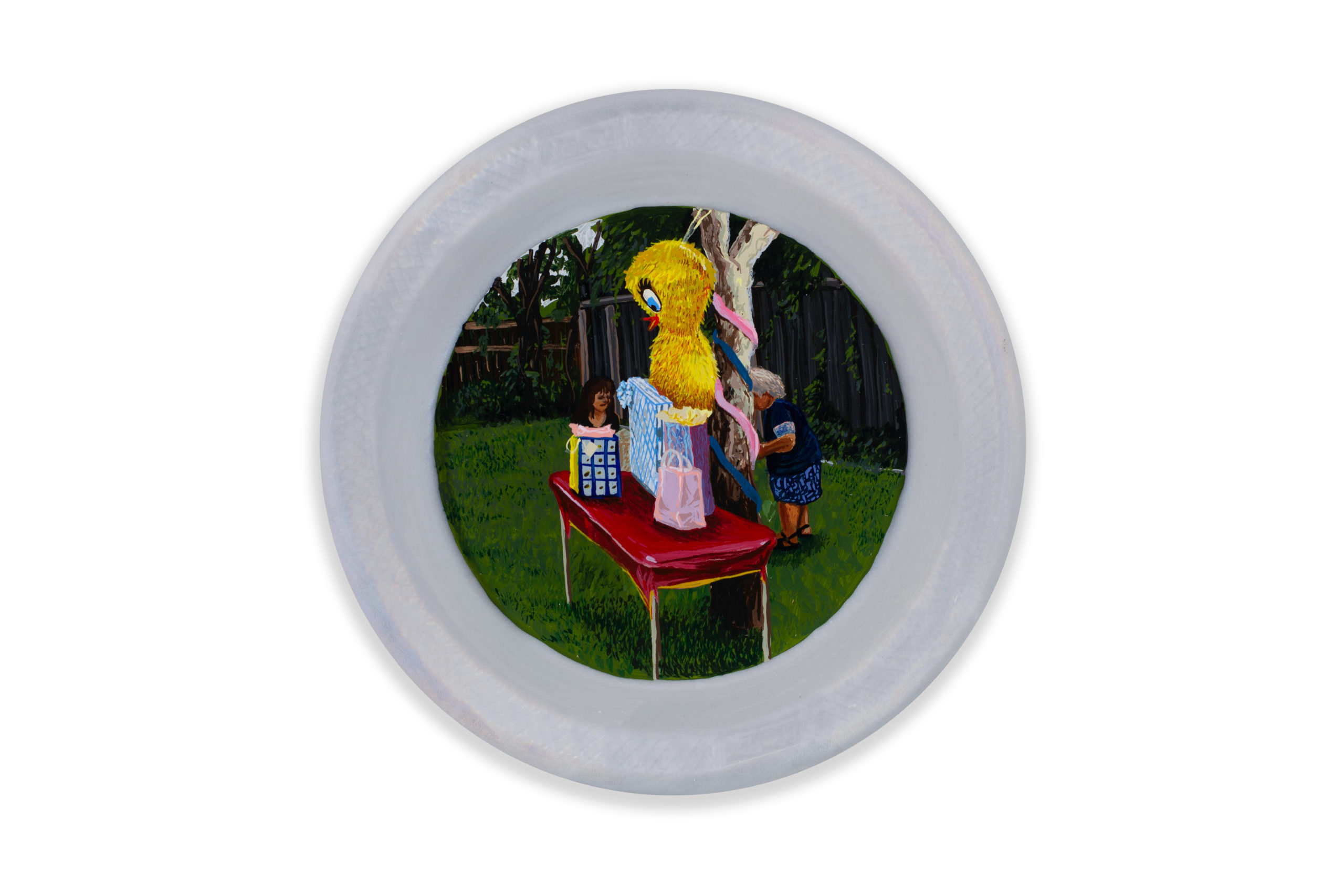 
		                					Fernando Andrade		                																	
																											<i>Piñata de Piolín,</i>  
																																								2022, 
																																								Acrylic on Primed Styrofoam Plate, 
																																								9 inches of diameter 
																								
		                				