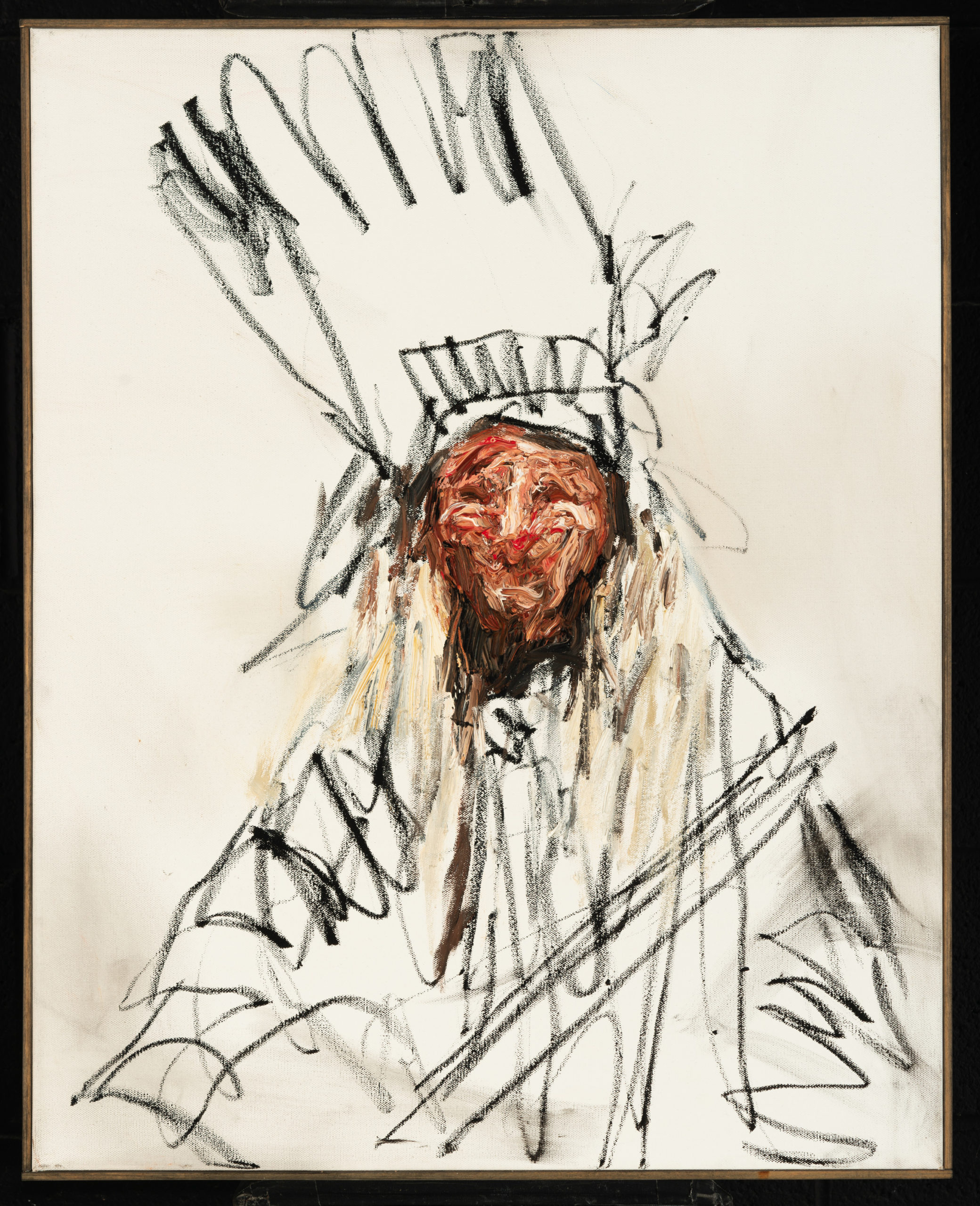 

											Patrick Dean Hubbell</b>

											<em>
												Tack Room</em> 

											<h4>
												Santa Fe: August 12 – October 22, 2022											</h4>

		                																																													<i>Blind Contour Portrait in Black and White,</i>  
																																								2022, 
																																								Oil, oil pastel, charcoal on canvas, wood lattice strip frame, 
																																								30 1/2 x 24 1/2 x 1 3/4 inches 
																								
		                				