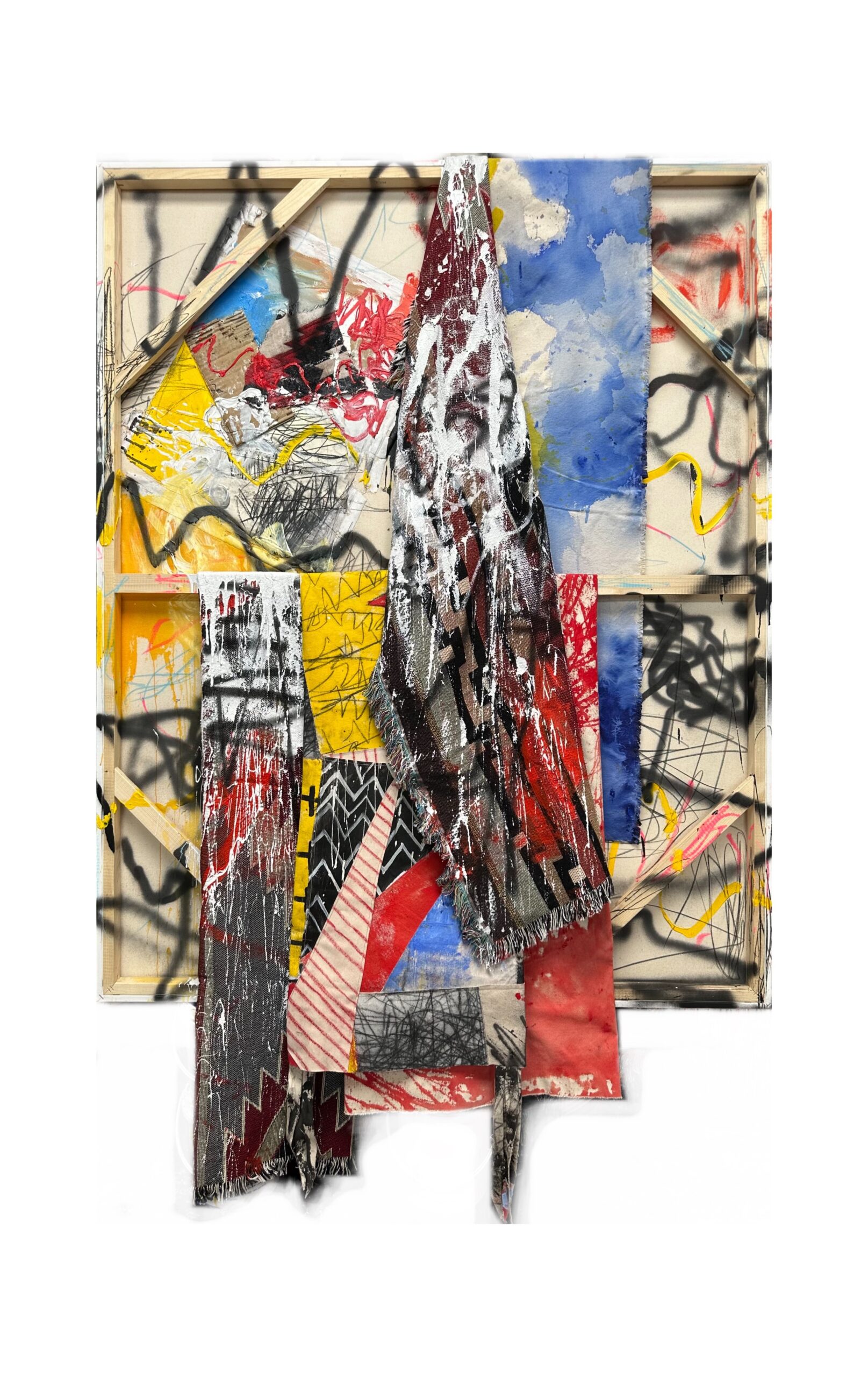 
							

									Patrick Dean Hubbell									Despite It All, We Used What We Had To Make It To A New Day, You Embraced Us 2023									Oil, Acrylic, Enamel, Synthetic Polymer, Spray Paint, OIl Stick, Charcoal, Oil Pastel, Paper, Cardboard, Acrylic Dispersion, Sewing on Canvas,  Synthetic Mass Manufactured Textile on Canvas<br />
76 x 48 inches									


							