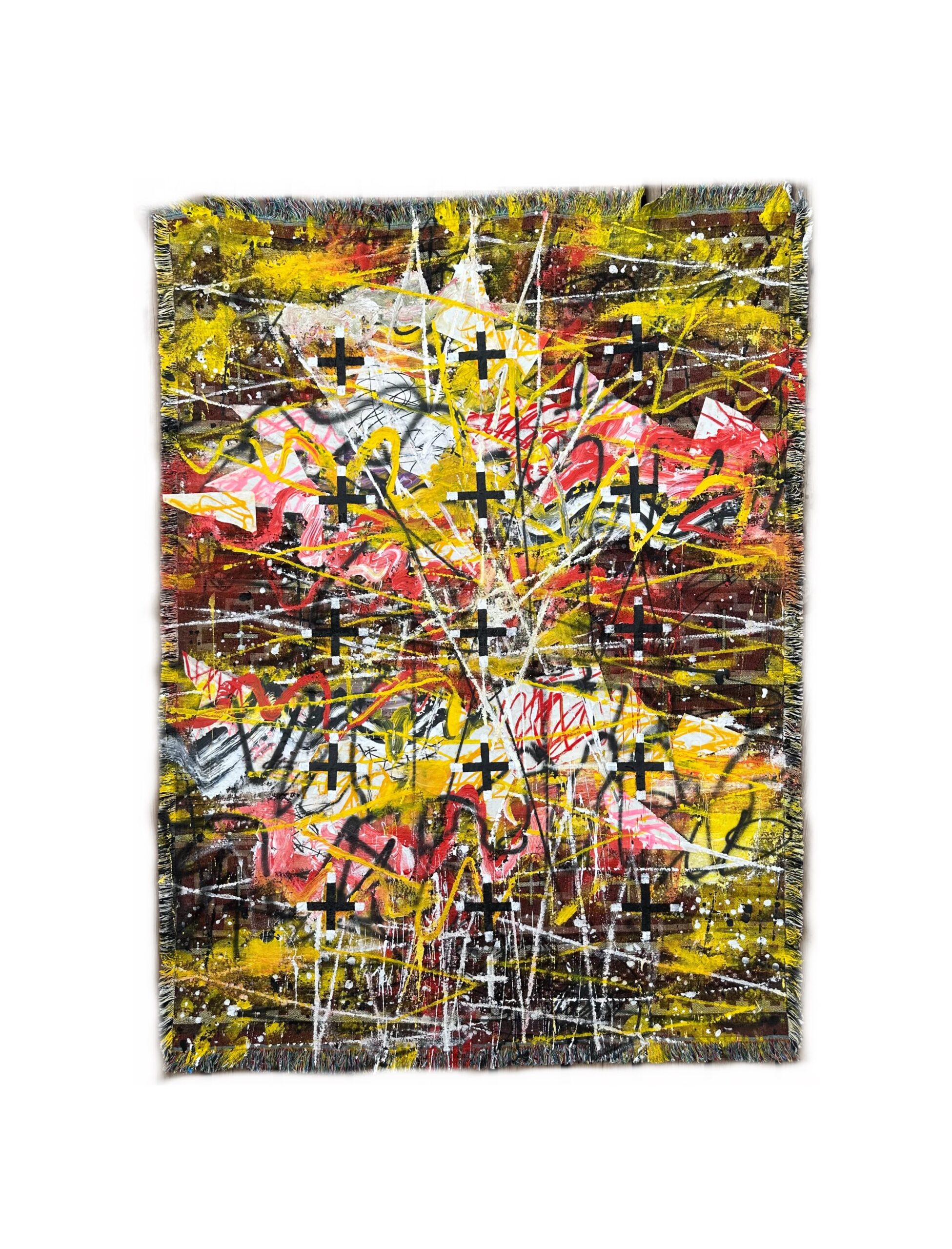 
							

									Patrick Dean Hubbell									Jóhonaa’éí: The Sun Will Always Wrap Us In Warmth 2023									Oil, Acrylic, Enamel, Oil Stick, Charcoal, Paper, Spray Paint on Synthetic Mass Manufactured Textile<br />
70 x 54 inches									


							