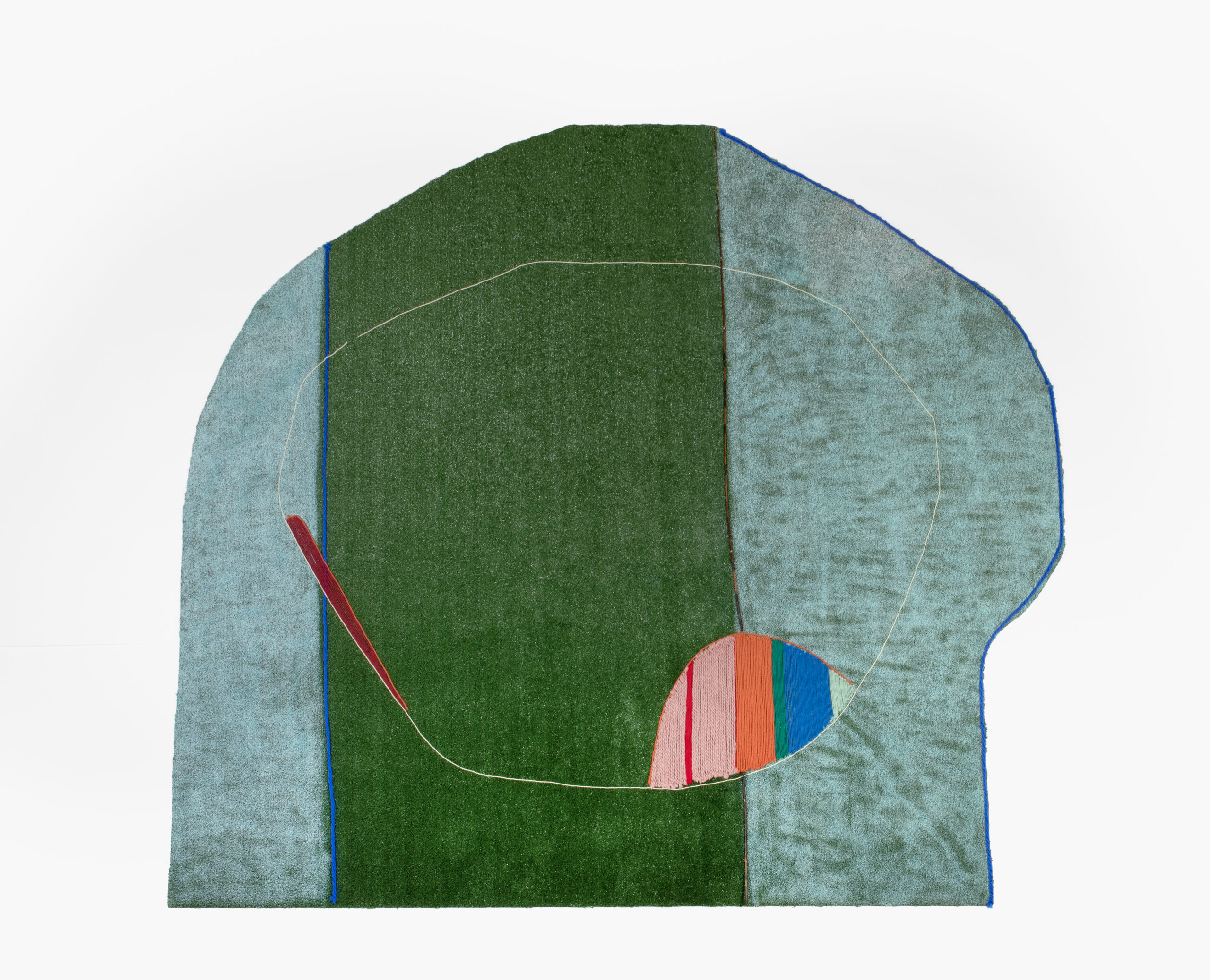 
		                					Teresa Baker		                																	
																											<i>On a Slant Village (private collection),</i>  
																																								2022, 
																																								spray paint, yarn, and willow on astroturf , 
																																								spray paint, yarn, and wi102 x 112 1/2 inches 
																								
		                				