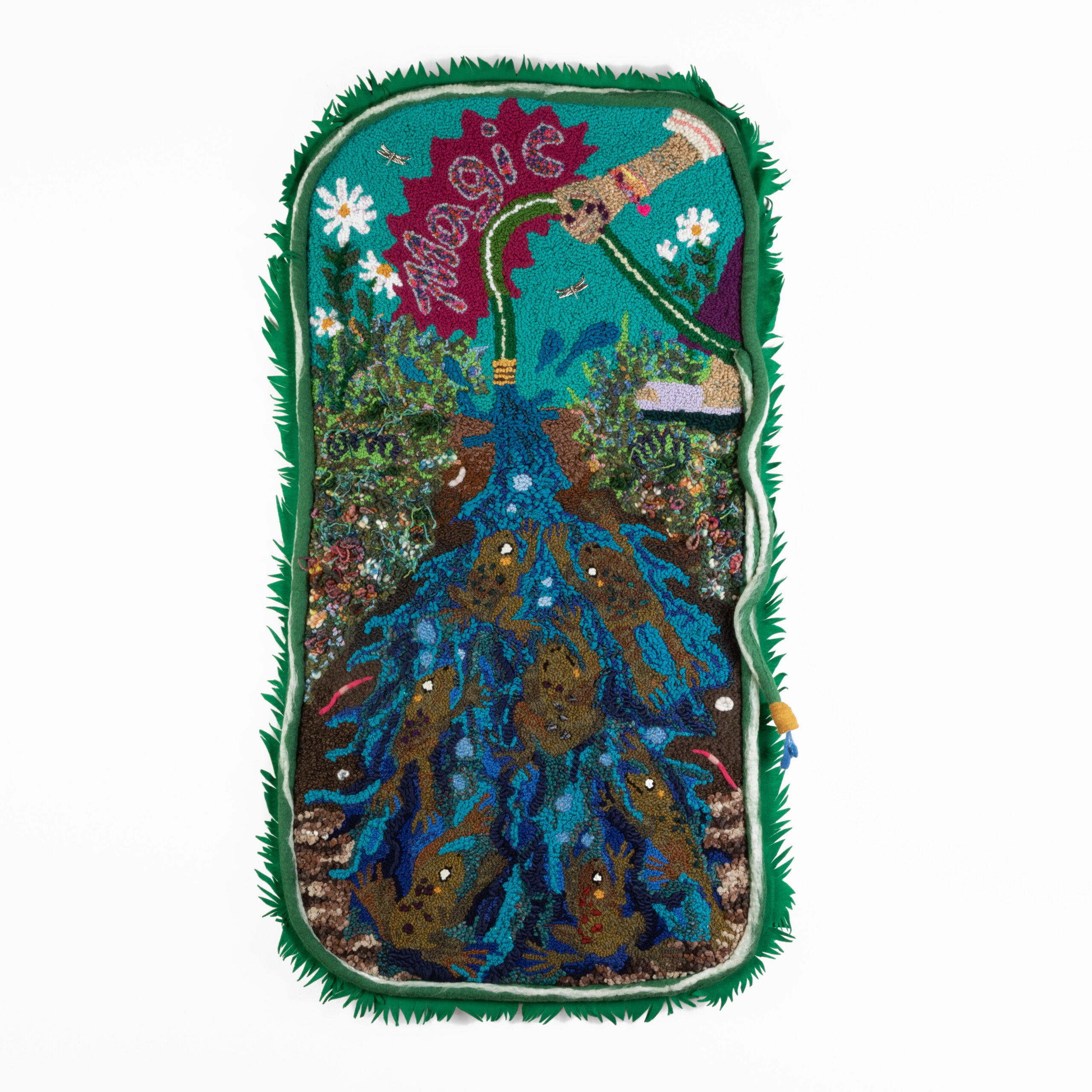 
							

									Angelica Raquel									Girlhood Spells: Toad Summoning 2024									Rug hooked yarn, ribbon, second hand charms, needle felted critters, wet felted garden hose, sheet felt, on monks cloth<br />
59 x 32 inches									


							