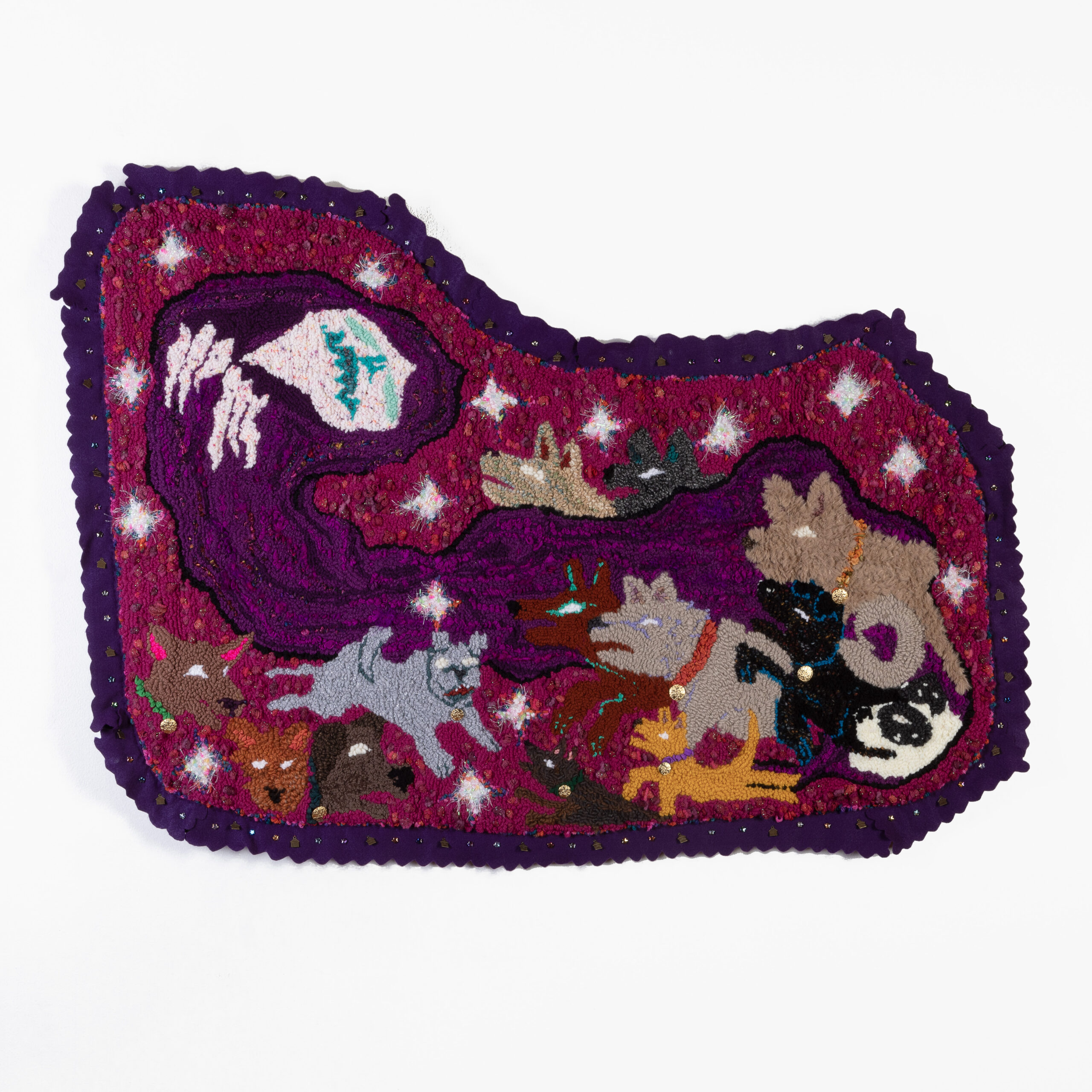 
							

									Angelica Raquel									Kept at Bay: Love of The Dog 2024									Handhooked and gun tufted yarn, ribbons, felt, glass beads, metal charms, thread on monks cloth<br />
38 x 52 inches									


							