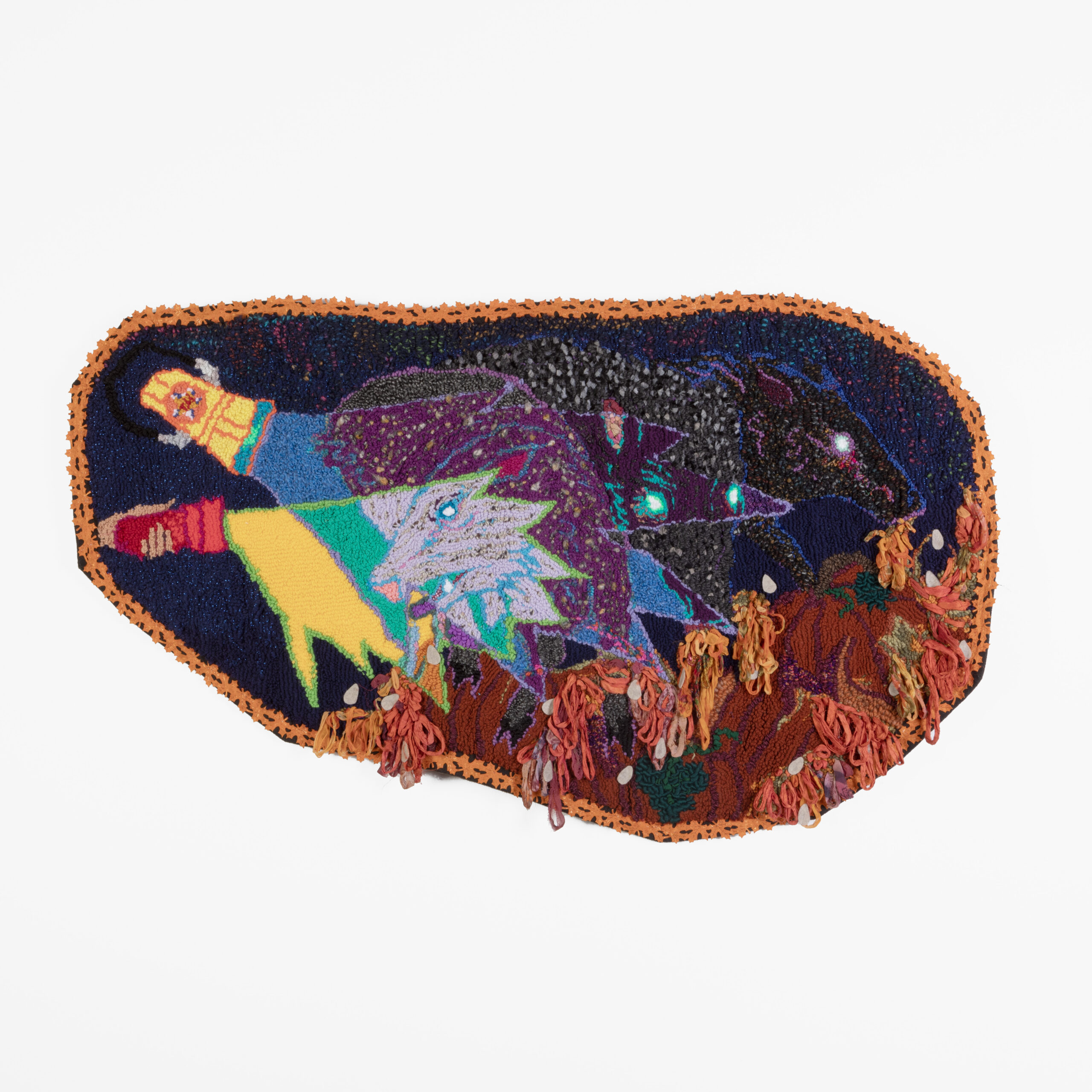 
							

									Angelica Raquel									Javelinas Take Our Pumpkin Patch 2024									Hand hooked and gun tufted yarn, ribbons, felt secondhand trim, thread on monks cloth<br />
32 x 52 inches									


							