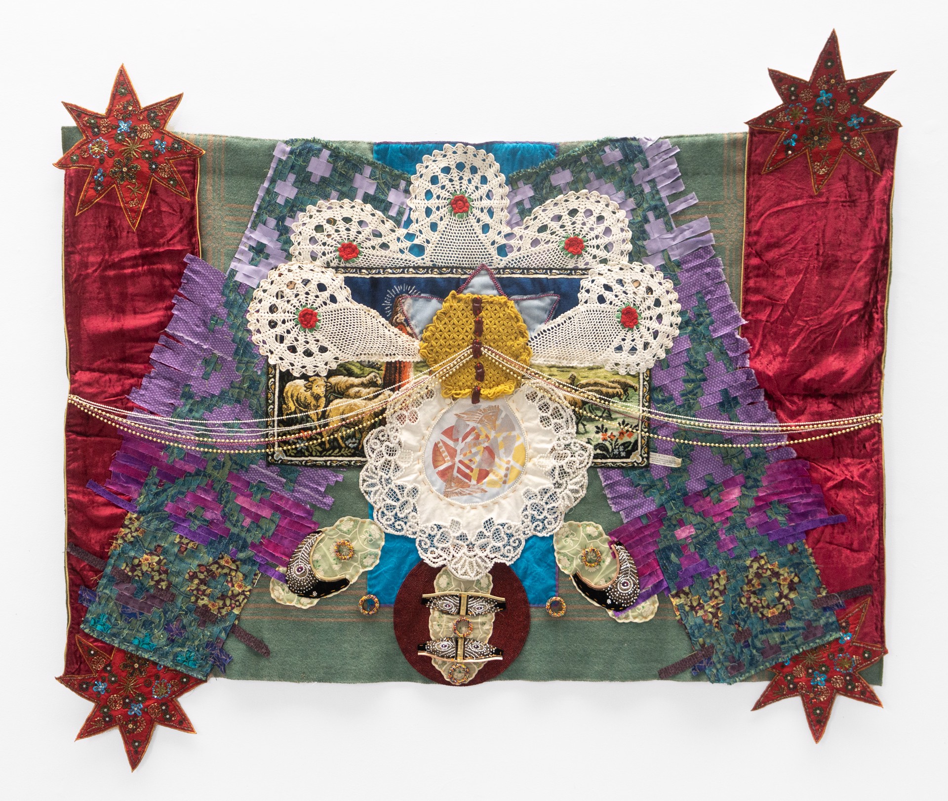 
							

									Hattie Lee Mendoza									On Nothing Less 2024									mixed media<br />
74 x 81 x 2 inches									


							