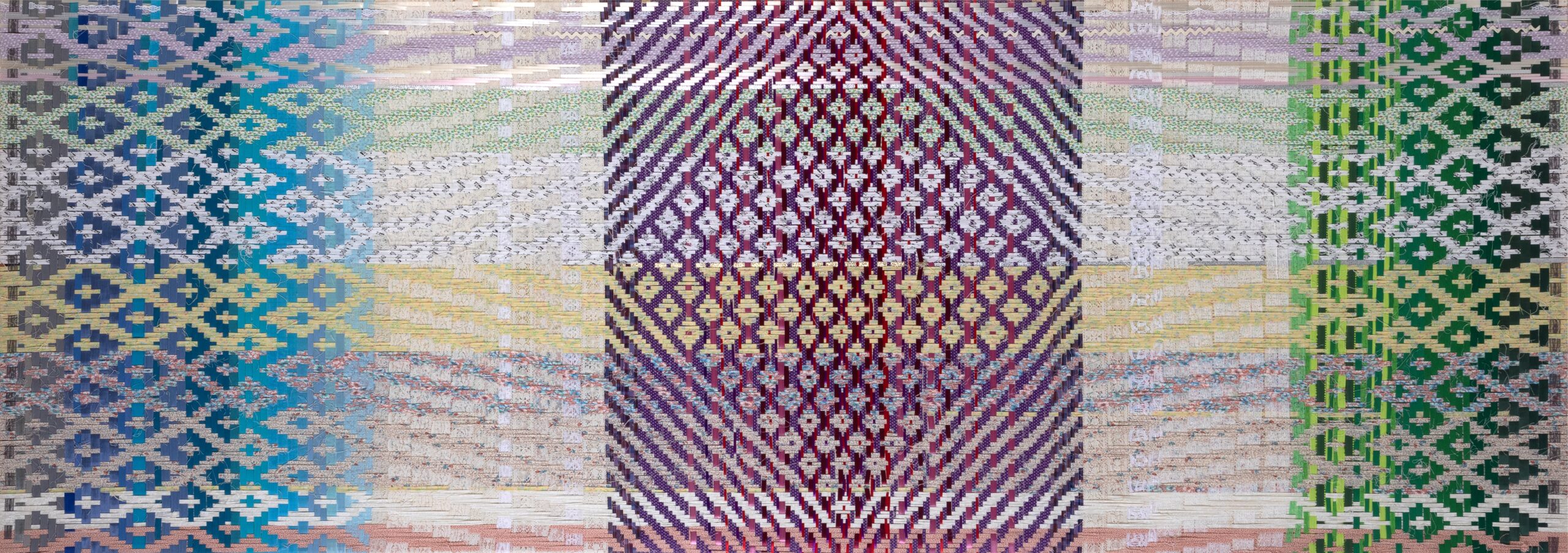 
							

									Hattie Lee Mendoza									Beauty and Blessings of Sacred Yesterdays 2020									Bias tape and ribbon on stretcher bars<br />
30 x 84 x 2 inches									


							