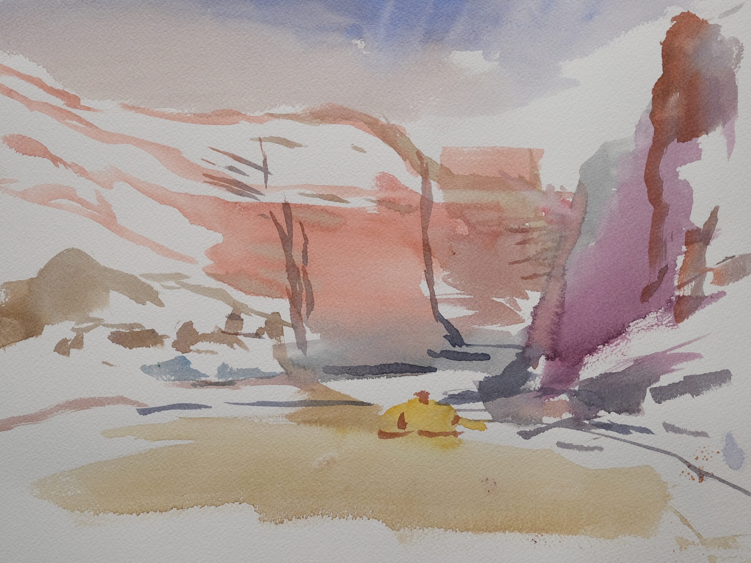 watercolor sketch on paper of person rafting through the San Juan River
