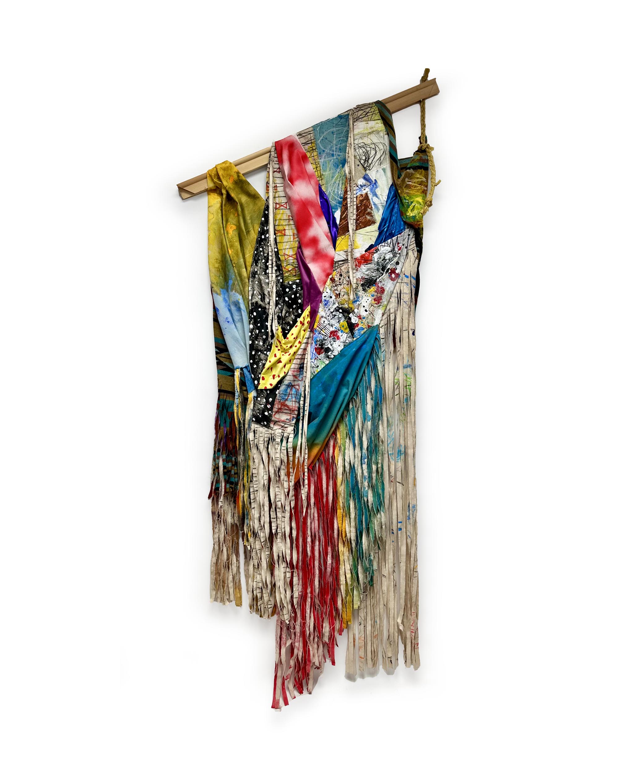 
							

									Patrick Dean Hubbell									When It Seems Impossible, You Hold it Together for Us 2025									Oil, acrylic, enamel, acrylic dispersion, cotton fabric, velvet satin, mass manufactured synthetic textile, seed beads, scarf, oil stick, oil pastel, charcoal, natural earth pigment, synthetic polymer, staples, braided hay bailing twine, sewing on canvas, and wood stretcher bar, 84 x 40 inches									


							