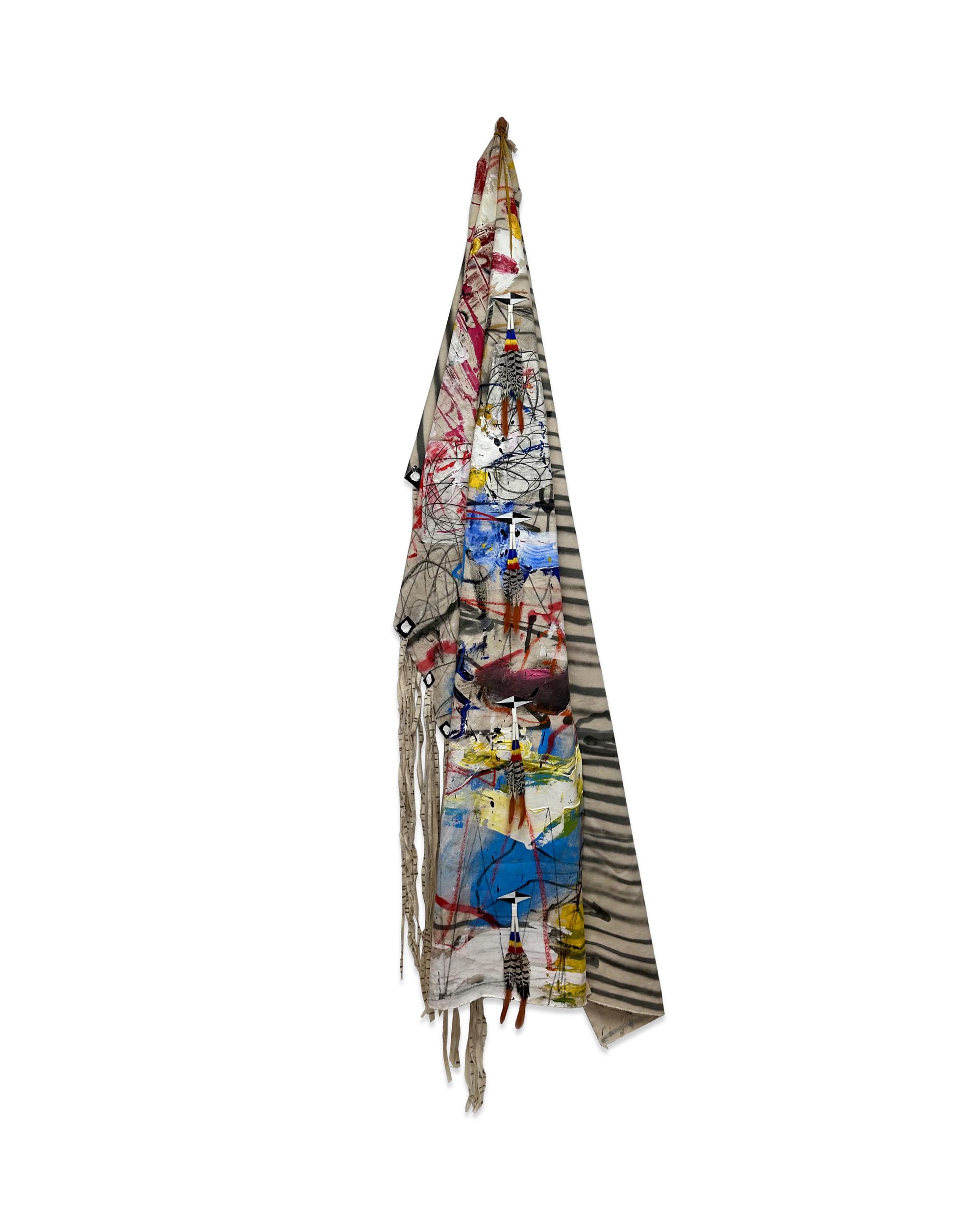 
							

									Patrick Dean Hubbell									Adapting and Moving Through These Times, Holding Close What You Taught Us 2025									Oil, Acrylic, Oil stick, Oil Pastel, Charcoal, Paper, Spray Paint, Dyed Floral Feathers, Lady <br />
Amherst Pheasant Feather, commercial Tanned Buckskin, Petrified Sandstone Sourced <br />
from Navajo Nation, Synthetic Polymer on Canvas, 75 x 20 inches									


							