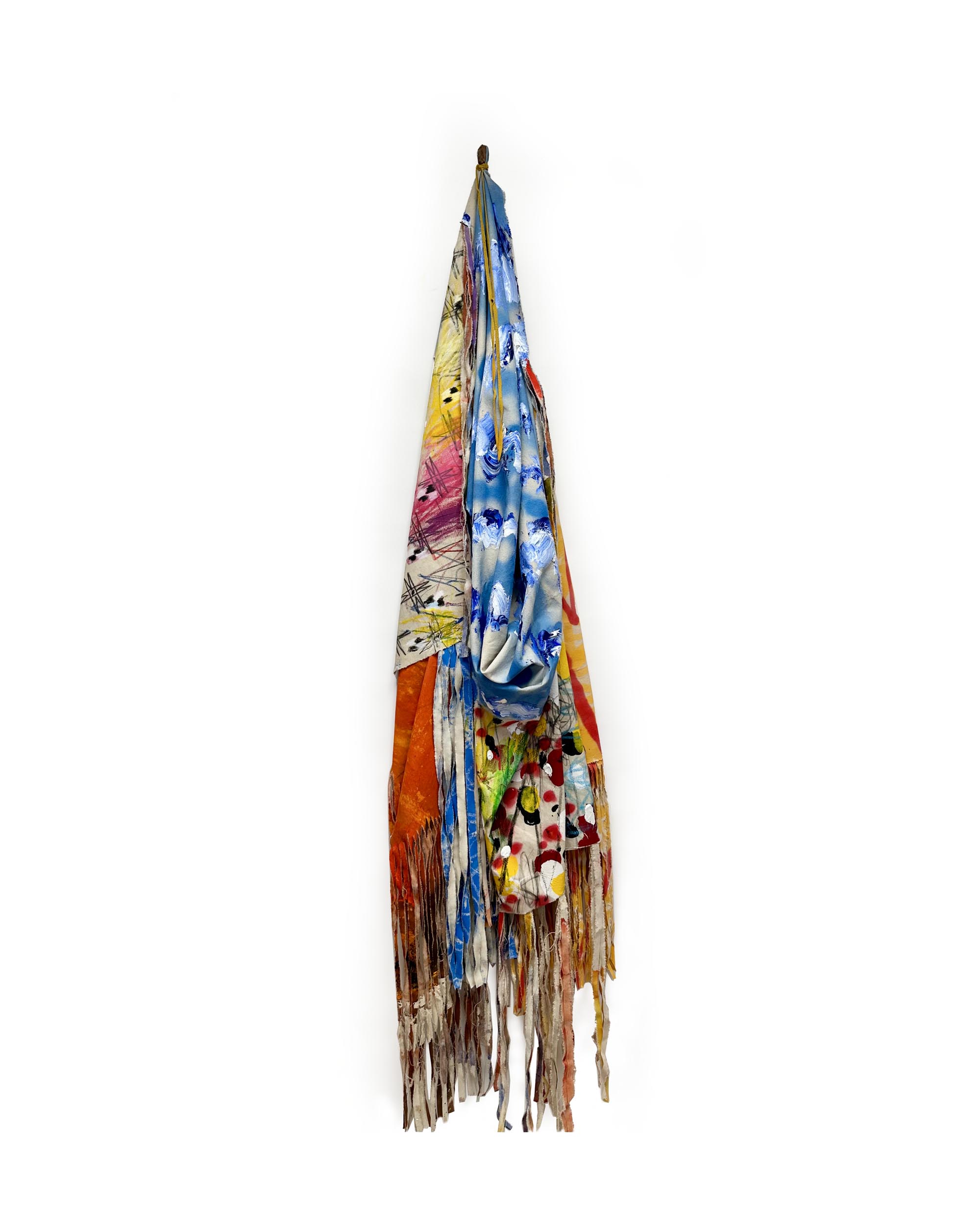 
							

									Patrick Dean Hubbell									It Was A Day Just Like This...The Memories Still Remain 2025									Oil, acrylic, enamel, acrylic dispersion, cotton fabric, velvet satin, mass manufactured synthetic textile, seed beads, scarf, oil stick, oil pastel, charcoal, natural earth pigment, synthetic polymer, staples, braided hay bailing twine, sewing on canvas, and wood stretcher bar, 80 inches x 24 inches									


							