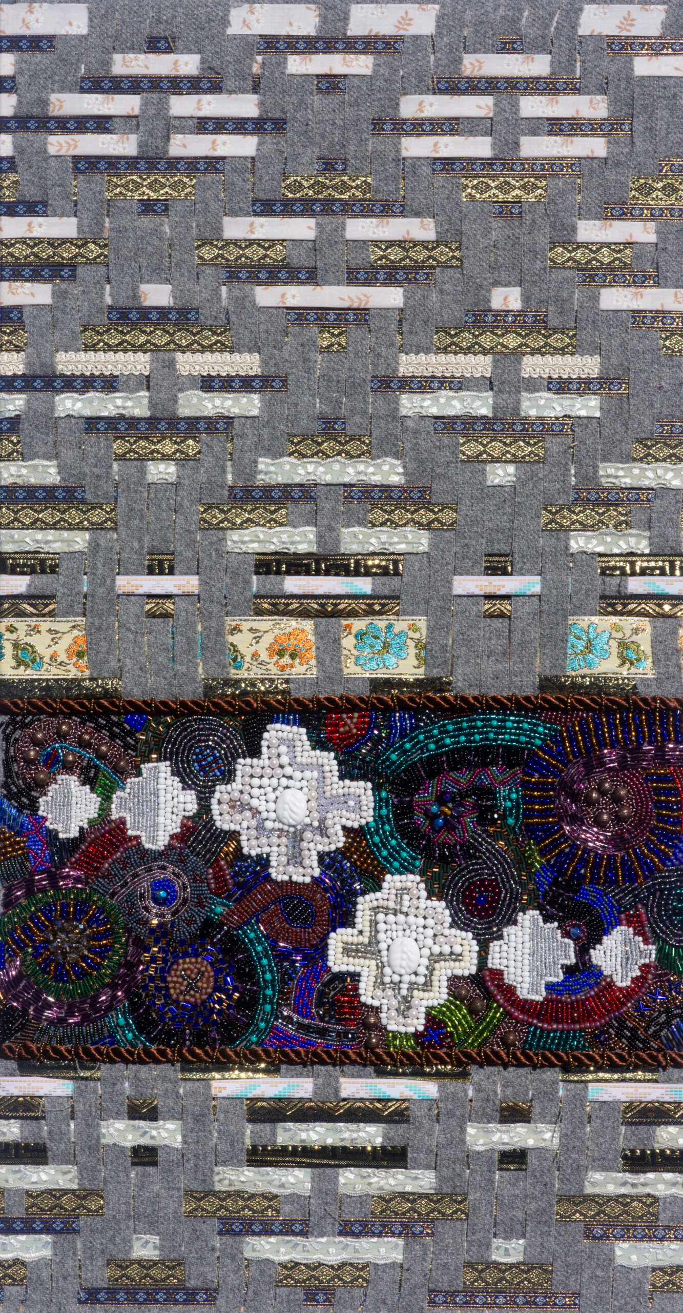 

											Hattie Lee Mendoza</b>

											<em>
												Interlaced </em> 

											<h4>
												August 14 -  October 10, 2026 											</h4>

		                																																Hattie Lee Mendoza ,  
																																								<i>Nights Swimming in Moonlight,</i>  
																																								2026, 
																																								Scottish wool, ribbon, ribbon, trim, glass beads , 
																																								30” x 16” x 1.5” 
																								
		                				